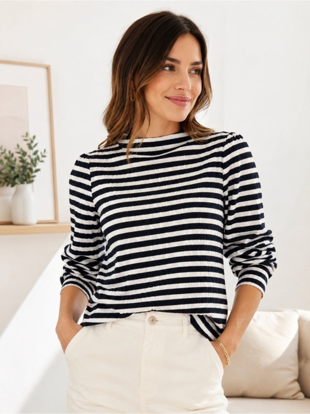 Talbots Striped Crewneck Long Sleeve Top - Black & White